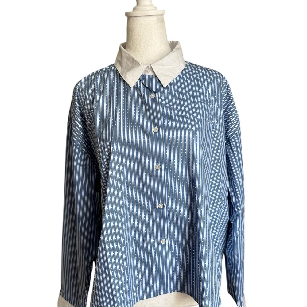 Remi James Collared Striped Button-Up Long Sleeve Shirt Blue Women Size XL NWT